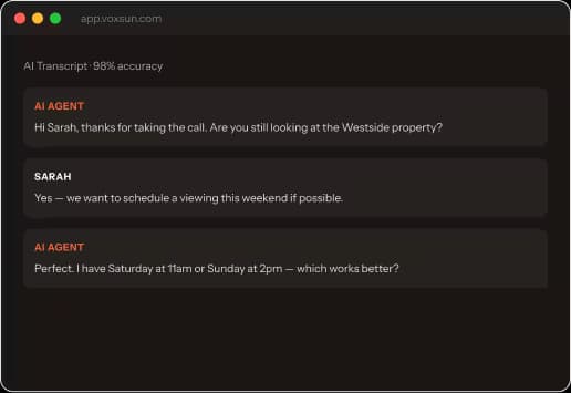 VoxSun AI call transcript view with summary